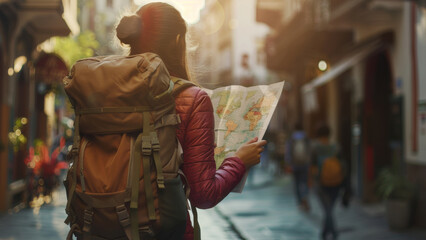 Traveler with backpack reading a map on an urban adventure at dusk.