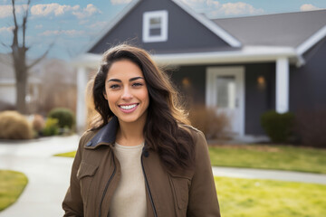 Hispanic woman standing outside new house, real estate  concept
