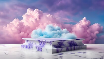purple and white marble display dais with a background of blue and pink clouds