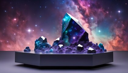 display dais with deep purple cosmic crystals and nebula backdrop