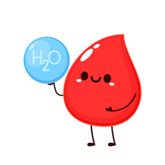 Red Blood Drop And H2O Cartoon Character. Vector Illustration Flat Design Isolated On Transparent Background. Red Blood Cell Mascot.