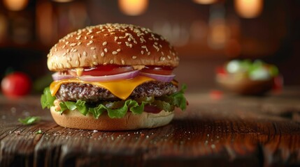 The perfect fast-food moment with a juicy burger ready for the first bite. Gourmet burgers crafted for ultimate satisfaction