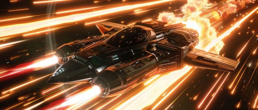 Space-age vehicle emitting bursts of glowing energy and explosive shocks, 3D style