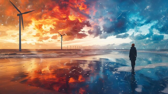 Offshore wind farm turbines in ocean at sunset with gentle waves serene background. Concept Renewable Energy, Offshore Wind Farm, Sunset, Ocean, Serene View