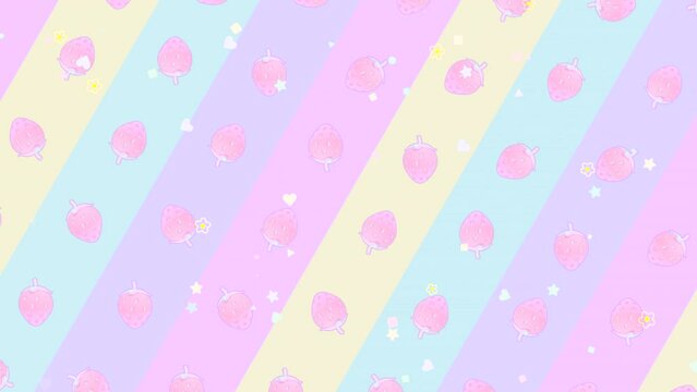 Looped cartoon strawberries on diagonal striped pattern background.