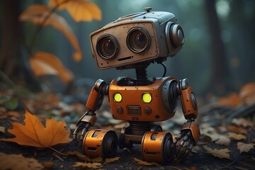 A small, cute robot sitting among fallen autumn leaves in a forest Generative AI