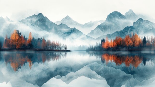 Misty autumn mountains with reflection on the lake