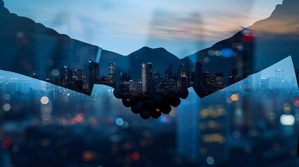 Cityscape Handshake: A Double Exposure Highlighting Urban Growth and Collaborative Success (Ultra Realistic Photography)