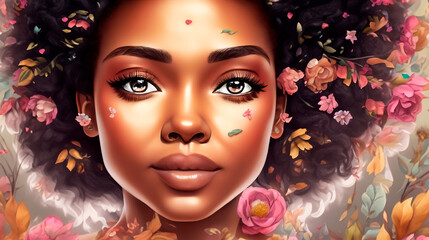 Fairytale woman's face full of floral waves
