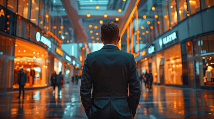 Man in a business suit standing in front of a shopping center. Generative AI. - obrazy, fototapety, plakaty