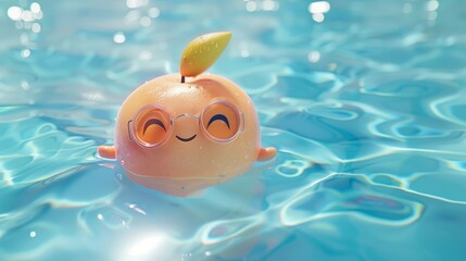 A charming animated peach wearing round glasses and smiling gently while floating in a sparkling pool.