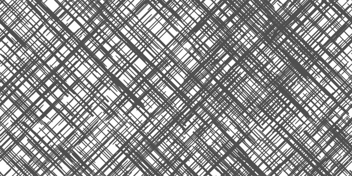 Monochrome seamless gray cross hatch pattern on white paper. An abstract, darkening texture with diagonal lines that imitates mesh, sackcloth or burlap. Vector illustration