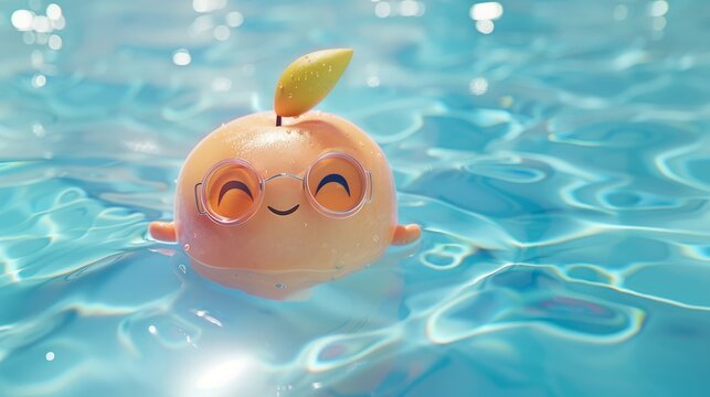 A charming animated peach wearing round glasses and smiling gently while floating in a sparkling pool.