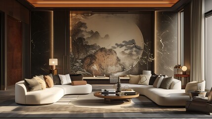 an AI-driven artwork of an interior living area, highlighting elegant sofas and an engaging wall mural that seamlessly integrates into the overall design