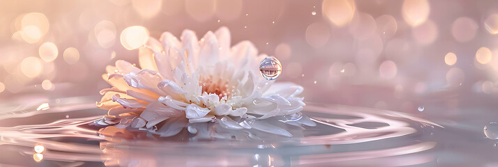 White chrysanthemum with droplets and bokeh.