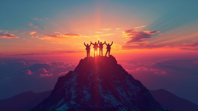 Silhouette back group of man team celebrating success on top mountain, sky and sunset background. Business, teamwork, achievement and person concept. Vector illustration.