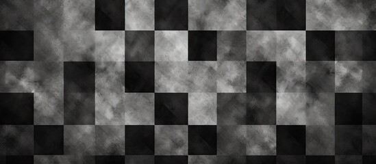 A brown rectangle font against a grey flooring with a black and white checkered pattern, creating a symmetrical design with tints and shades of smoke coming out of it