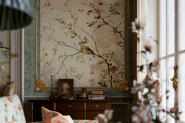 An example of a design with exquisite chinoiserie wallpaper, showcasing the combination of the beauty of European design and traditional Asian elements, interior details of a living room