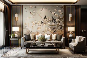 An example of a design with exquisite Chinese-style wallpaper, demonstrating the combination of the beauty of European design in the Art Nouveau and Chinoiserie styles, design of a spacious guest room