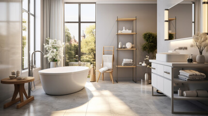 A bathroom with a white bathtub, a wooden chair, and a potted plant. The bathroom is clean and well-lit, creating a relaxing and inviting atmosphere