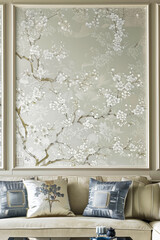Vertical poster using Chinoiserie style wallpaper in a living room with floral accents combined with Art Nouveau style, on a neutral background rich texture in apartment design