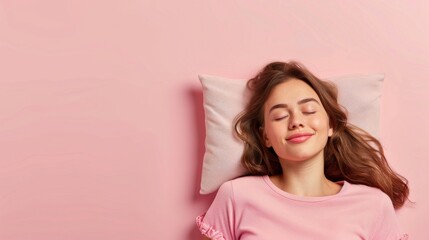 Obraz na płótnie Canvas a young woman sleeping on pillow isolated on pastel pink colored background Sleep deeply peacefully rest. Top above high angle view photo portrait of satisfied .senior wear pink shirt 