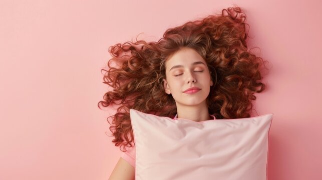a young woman sleeping on pillow isolated on pastel pink colored background Sleep deeply peacefully rest. Top above high angle view photo portrait of satisfied .senior wear pink shirt