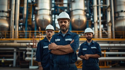 A team of five proud industrial workers, wearing navy blue work uniforms and white safety helmets, standing in front of a factory facility with steel pipes surrounding them. Generative AI. - obrazy, fototapety, plakaty