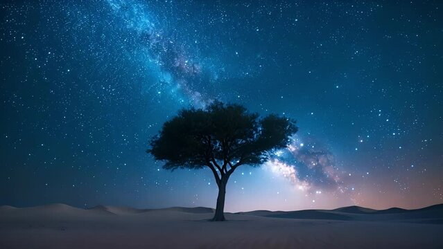 In the midst of a desolate desert the night sky comes alive with thousands of stars ling above. The silhouette of a lone tree stands tall a striking contrast to the vast emptiness