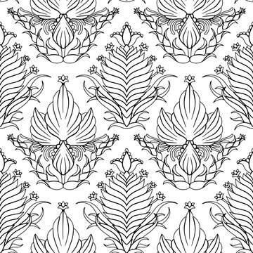 Seamless black outlined modern Damask pattern on a white background. Monochrome folk floral abstract repeat background.