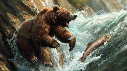 A ferocious grizzly bear tears apart a salmon as it jumps from a raging river. It emphasizes the primal instinct of hunting and finding food in the wilderness. - obrazy, fototapety, plakaty