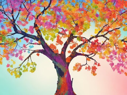 Illustration background of a colorful tree with leaves dangling from the branches. wallpaper with abstraction. multicolored leaves on a flowering tree