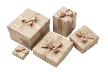 beige birthday gift boxes with shimmering gold accents, isolated on white.
