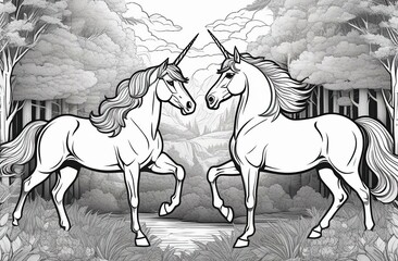 Line and unicorns illustration for coloring book