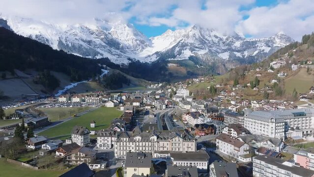Aerial panorama of the Engelberg village in Switzerland. View on the Swiss village Engelberg in the winter with snow covering the entire scenery