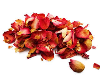 Many dried pink rose petals make up isolated on white background