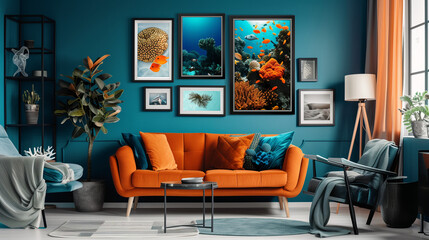 living room interior with marine photos