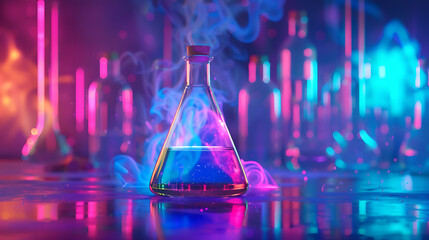 Laboratory flask with neon-colorful liquid in beautifull background. Generative Ai - obrazy, fototapety, plakaty