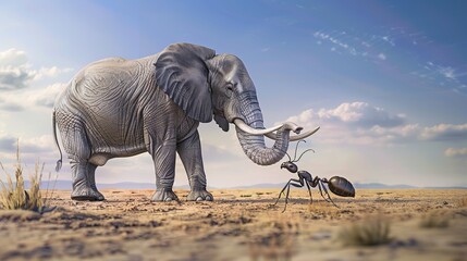 Fototapeta premium Image of the challenge between an ant and an elephant