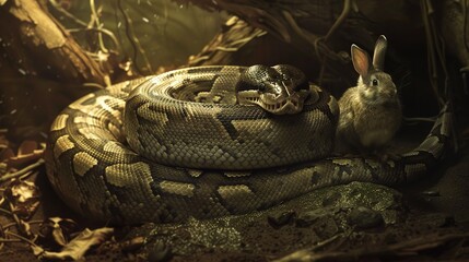 a massive python coiling around a smaller prey, such as a rabbit or a bird, in a display of nature's relentless pursuit of sustenance