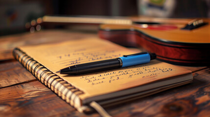 closeup of a notebook and pen with a guitar