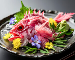 A plate of raw sashimi artfully arranged to resemble a chameleon