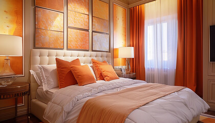 Bedroom interior with striking orange color.