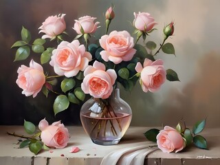 Obraz na płótnie Canvas Pink Roses in Vase Oil Painting, Still Life Flowers