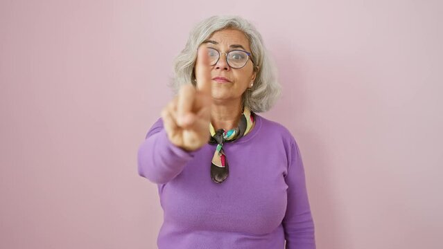 No-nonsense grey-haired middle age woman, giving a stern point-up 'stop' gesture, wears glasses standing over a pink isolated background