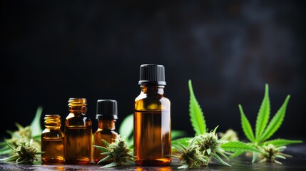 A set of amber glass dropper bottles different sizes, accompanied by green cannabis leaves, indicating the potential use of CBD or cannabis-based ingredients. - 763246109