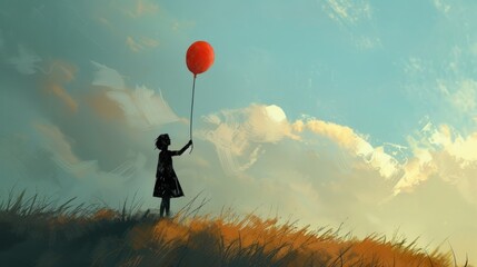 A woman releasing a symbolic balloon into the sky, a gesture that signifies the acknowledgment of loss, the expression of grief, and the beginning of the healing process - obrazy, fototapety, plakaty