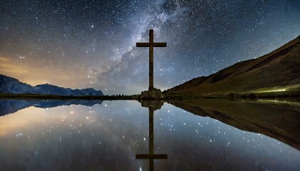 Wooden Cross in a Still Lake under a Starry Night - obrazy, fototapety, plakaty