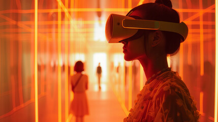 A woman wearing a VR headset, immersed in an environment with glowing orange lines - 763246142
