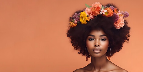 Woman with an afro hairstyle, adorned with a vibrant array of flowers, on a pastel background with copy-space. Concept: connection with nature, femininity. - 763246146